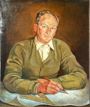 Gemälde Josef König der 2 am Arbeitstisch mit Stift und Zeichnungen. Historisches Porträt eines früheren Familienmitglieds eines Weinguts.