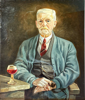 Gemälde Philipp König der 1 mit Pfeife und Rotweinglas. Historische Darstellung eines Winzers in traditioneller Kleidung.