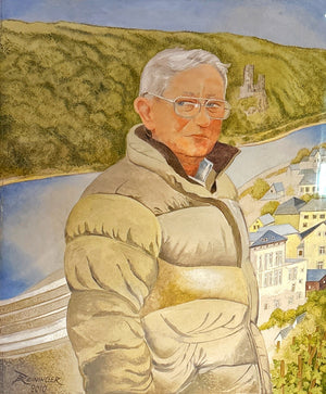 Gemälde Robert König der 1 vor Assmannshausen mit einer Rheinlandschaft, Weinbergen und einer Burgruine. Ein klassisches Porträt im Stil eines traditionellen Winzerbetriebs, das die Verbundenheit von Heimat, Weinbau und regionaler Geschichte eindrucksvoll zeigt.